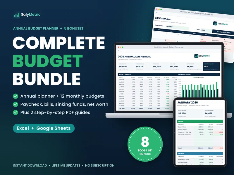 Complete Budget Bundle: annual budget planner plus 5 bonus trackers for Excel and Google Sheets