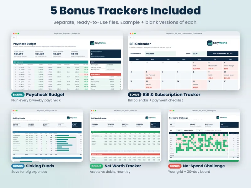 Five bonus trackers: paycheck budget, sinking funds, net worth, bills and no-spend challenge